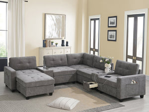English Elm [new U-shaped Chenille Sectional Six Seat Tufted Couch with Usb Charging Storage Gray N723S1191E