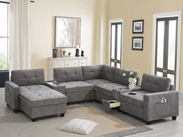 English Elm [new U-shaped Chenille Sectional Six Seat Tufted Couch with Usb Charging Storage Gray N723S1191E
