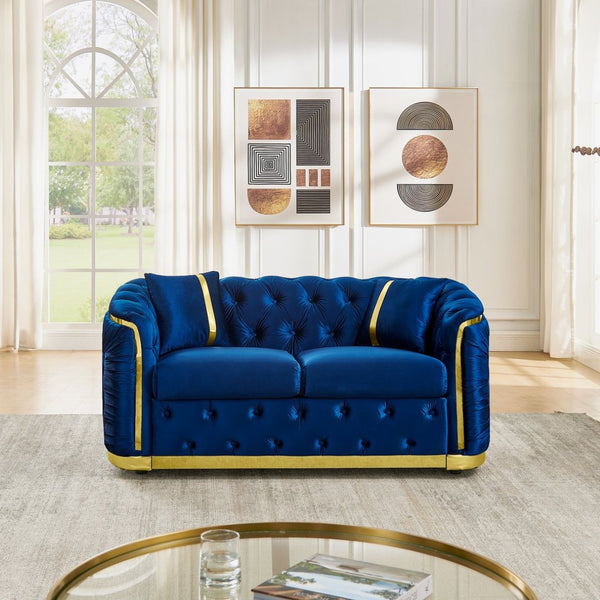 English Elm 62.6 Inch Chesterfield Velvet Loveseat with Gold Steel Trim Button Tufted Luxury Seating Navy Blue W1191S00092