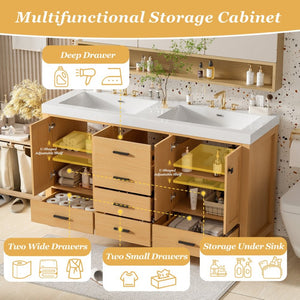 English Elm [video]59.3 Inch Wall Mounted Double Sink Vanity Wood Grain Mdf Soft Close Storage N729P000013O