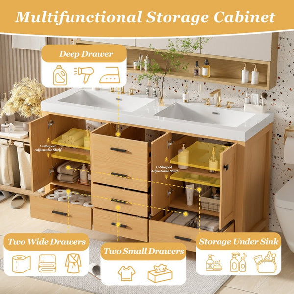 English Elm [video]59.3 Inch Wall Mounted Double Sink Vanity Wood Grain Mdf Soft Close Storage N729P000013O