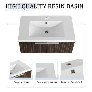 English Elm 30 Inch Silver-Brown Stripe Wall-Mounted Vanity with Mid-Edge Resin Sink, Soft-Close Doors, Ample Storage W999P204951