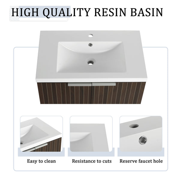English Elm 30 Inch Silver-Brown Stripe Wall-Mounted Vanity with Mid-Edge Resin Sink, Soft-Close Doors, Ample Storage W999P204951