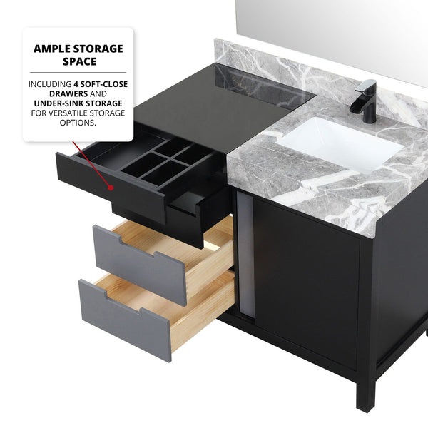 English Elm Black Bath Vanity Set With Castle Grey Marble Top, Matte Black Faucet & 34" Mirror For Modern Style B2731S01352