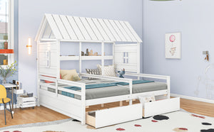 English Elm Twin House Platform Bed with Pitched Roof and Two Under-Drawers for Shared Kids’ Rooms, Durable Pine White GX000452AAK