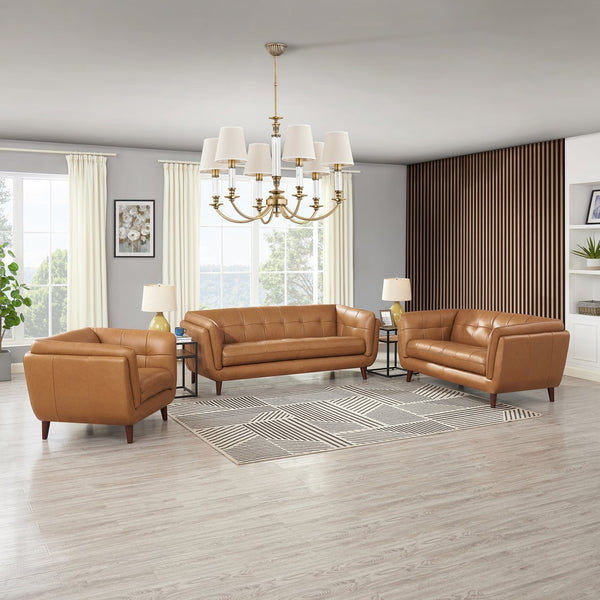 English Elm Solana Caramel Leather Loveseat Bench Seat with Pocketed Coils, Memory Foam Comfort, Durable Frame B2705P297789