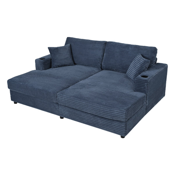 English Elm 86.5" Oversized Loveseat Chaise Lounge Sectional Sofa Bed Corduroy with USB Ports, Cup Holders & Pillows Blue N719P232602C