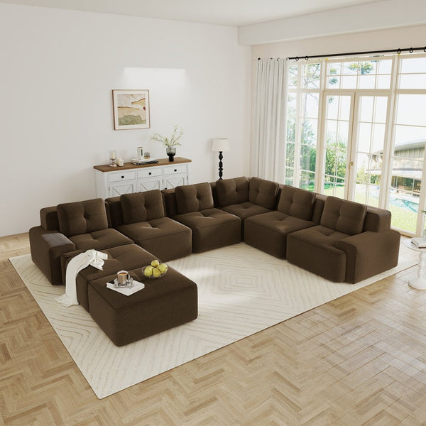 English Elm Modular Corduroy Sectional Sofa 6 Seat V Shaped Corner Couch with Ottomans Living Room Brown W714S01578
