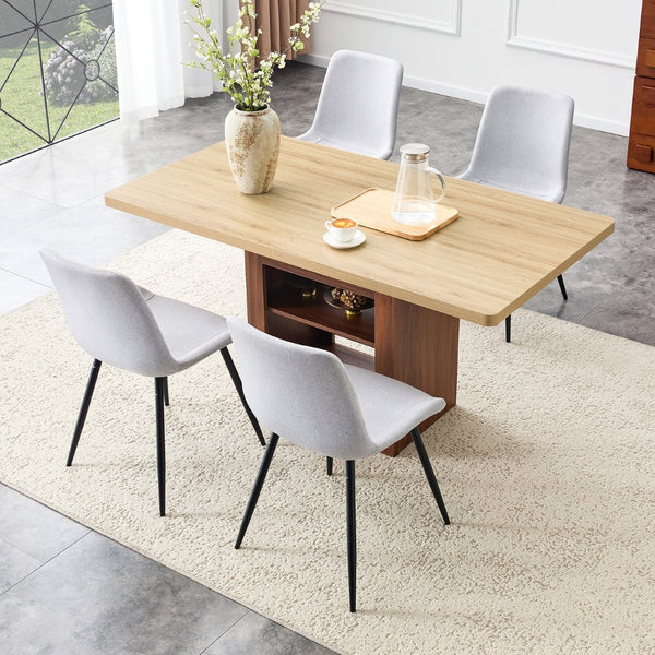 English Elm Scalable Extendable Dining Set Four Chairs Linen Upholstered Walnut Base Modern W1151S04684