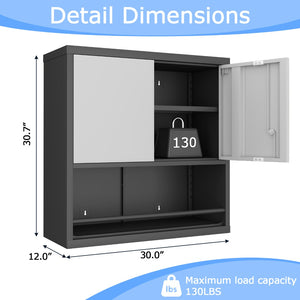 English Elm Metal Wall Mounted Steel Cabinet Lockable Doors Adjustable Shelves Kitchen Office Storage Black+Grey T3625P366860