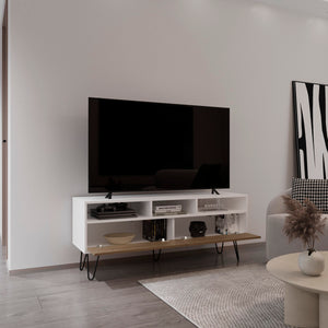 English Elm Tori 54" Two-Door TV Stand with Pull-Down Doors, Three Shelves, Cable Management, White Oak Base B070P286440