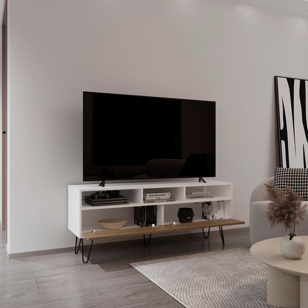 English Elm Tori 54" Two-Door TV Stand with Pull-Down Doors, Three Shelves, Cable Management, White Oak Base B070P286440