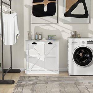 English Elm Two-Compartment Modern Tilt-Out Laundry Sorter Cabinet White – Space-Saving Organizer, Durable UV Finish, 100lb Load-Bearing Capacity W282P190993
