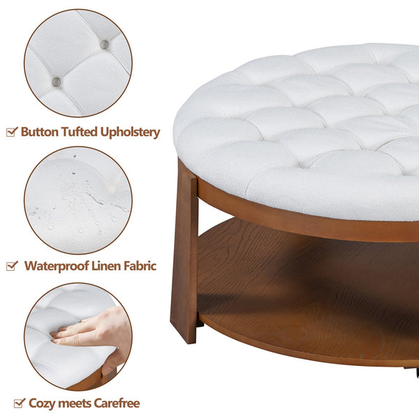 English Elm Modern Round Oversized Ottoman Coffee Table with Button Tufting, Waterproof Linen, Wheels & Lower Wood Shelf for Storage and Seating Ivory White N735P180224K