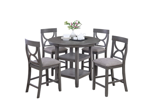 English Elm 5-pcs Modern Counter-Height Dining Set with Round Table, Under-Table Storage Shelves, 4 Chairs Gray 46 L x 46 W x 16 H B089P240468