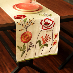 English Elm Peony Cotton Embroidered Table Runner 72" Ivory – Rustic Slub Texture, Eco-Friendly Elegant Décor B346P321269