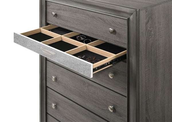English Elm Naima Gray Finish Chest with 5 Drawers & Felt Jewelry Organizer, Silver Knobs, Smooth-Glide Runners B2726P261249