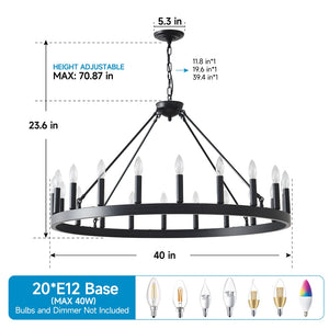 English Elm 20-light Oversized Wagon Wheel Chandelier Matte Black Farmhouse Style for Grand Spaces W5008P388936