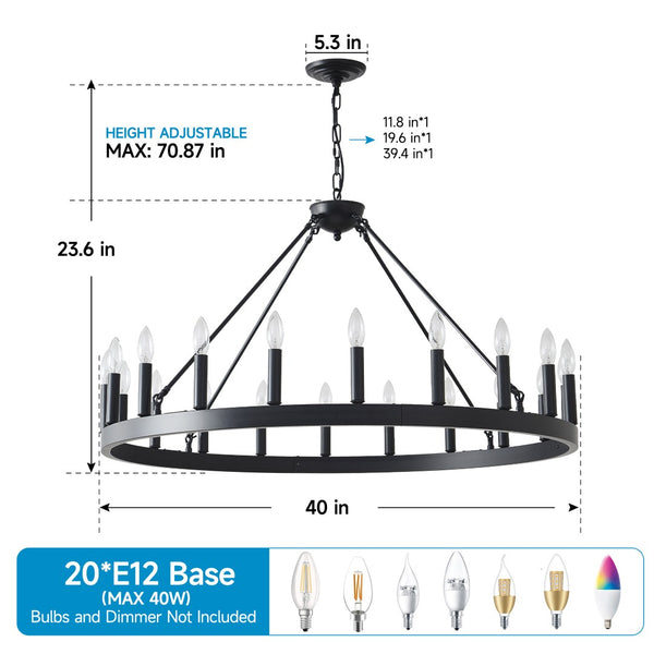 English Elm 20-light Oversized Wagon Wheel Chandelier Matte Black Farmhouse Style for Grand Spaces W5008P388936