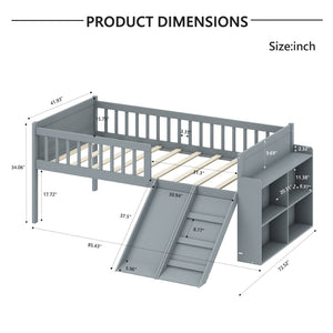 English Elm Twin Platform Kids Bed with Slide Ladder Guardrails Storage Shelf Wood Frame Gray N733S415411E