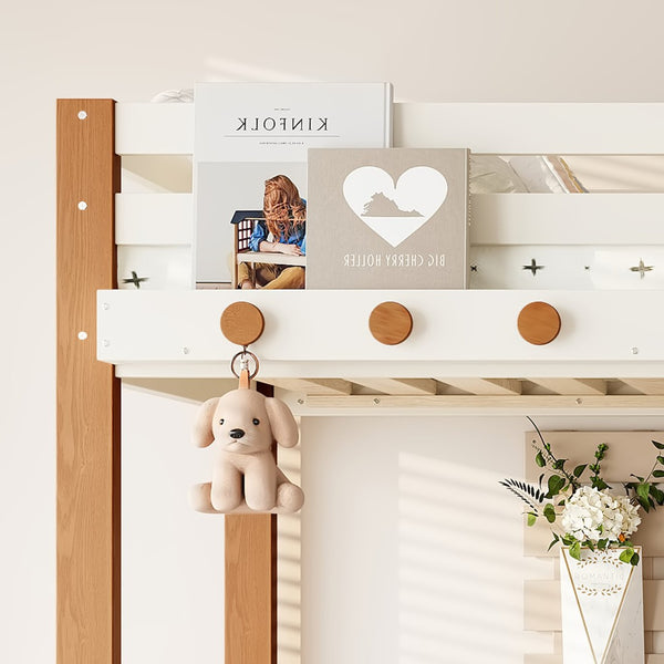English Elm Twin Pine Wood Loft Bed with Built-in Shelving and Hook for Kids Bedroom W5305S00010