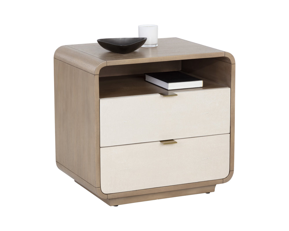 Sunpan Kayden Nightstand: Timeless Light Wash Acacia Wood Design with Oyster Shagreen Drawers & Brass Hardware