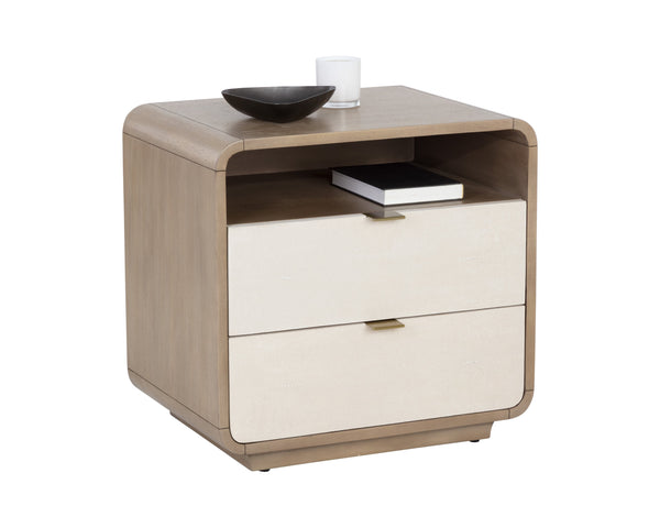 Sunpan Kayden Nightstand: Timeless Light Wash Acacia Wood Design with Oyster Shagreen Drawers & Brass Hardware