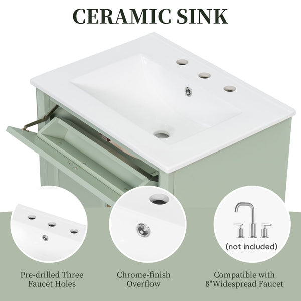 English Elm 24 Inch Freestanding Bathroom Vanity Solid Rubberwood Ceramic Sink Matte Finish Storage Green N725P375626G