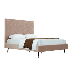 English Elm Crosby Velvet Queen Bed: Elegant Nude Upholstery, Chevron-Stitched Headboard & Easy Assembly Support B365S00040