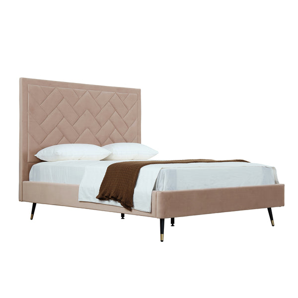 English Elm Crosby Velvet Queen Bed: Elegant Nude Upholstery, Chevron-Stitched Headboard & Easy Assembly Support B365S00040