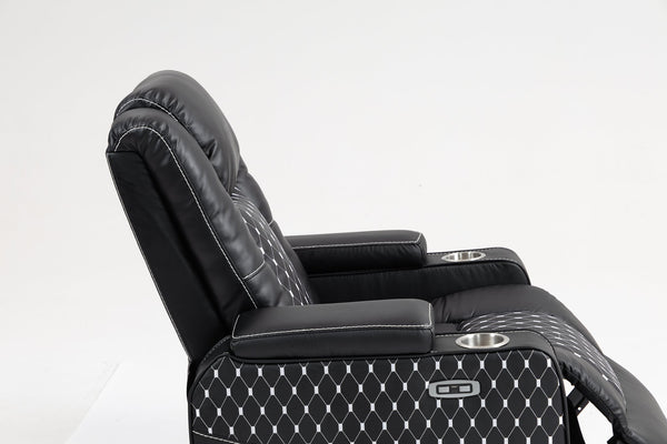 English Elm Lounge PU Leather Power Lift Recliner with Wireless Charging, Cup Holder, Side Pockets, Infinite Recline Black W547P190590