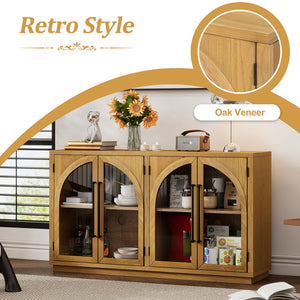 English Elm TREXM Arched 4-Door Large Storage Sideboard Buffet Cabinet with Glass Doors, Adjustable Shelves and Cable Management Natural Wood N715P290642E