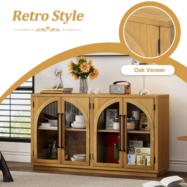 English Elm TREXM Arched 4-Door Large Storage Sideboard Buffet Cabinet with Glass Doors, Adjustable Shelves and Cable Management Natural Wood N715P290642E