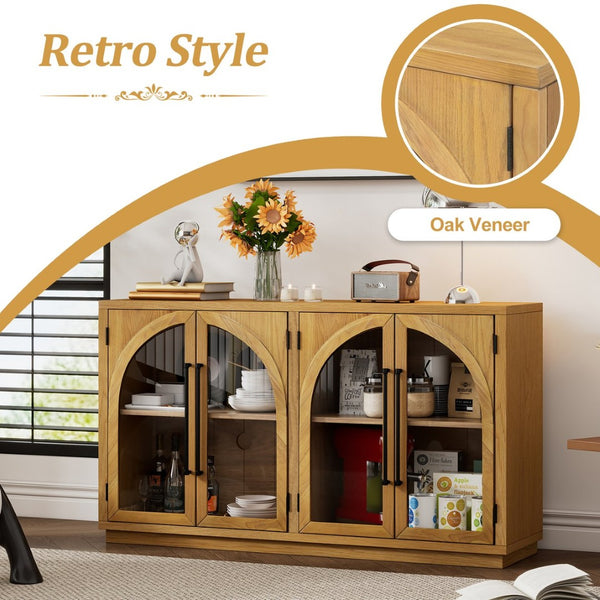 English Elm Trexm Arched Glass Door Buffet Sideboard Oak Veneer Storage Cabinet for Dining Room Natural Wood XW000021AAE-2026