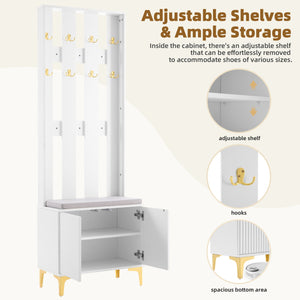 English Elm ON-TREND Modern Luxury Hall Tree with Cushioned Bench, Fluted Doors, 8 Gold Hooks & Adjustable Shelf White N721P192814K