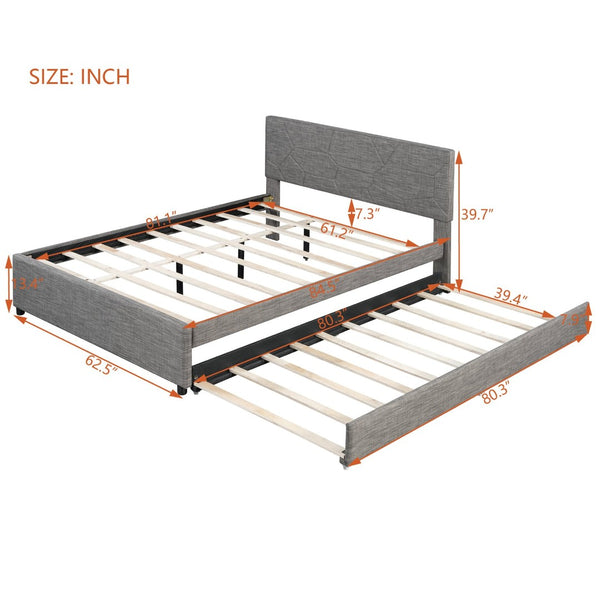 English Elm Queen Linen Upholstered Platform Bed with Brick Textured Headboard and Pull Out Trundle SF000004AAE-1