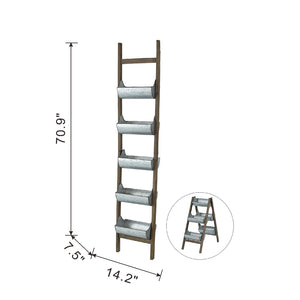 English Elm Farmhouse Foldable Ladder Planter with 5 Galvanized Buckets, Rustic Distressed Wood Vertical Garden Decor W2078P322239