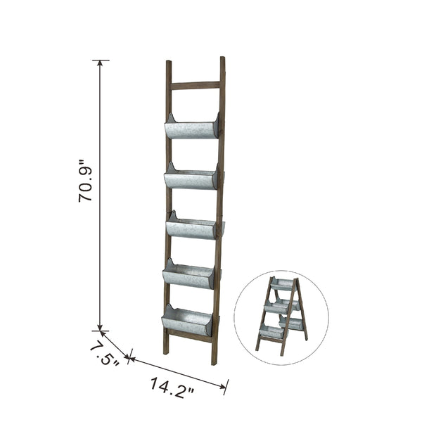 English Elm Farmhouse Foldable Ladder Planter with 5 Galvanized Buckets, Rustic Distressed Wood Vertical Garden Decor W2078P322239