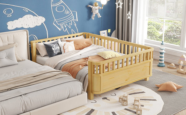 English Elm Full Full Size Wood Platform Bed for Kids with Guardrail, Solid Pine Construction, Low Profile, 350LB Capacity, Natural Finish W2593P367066