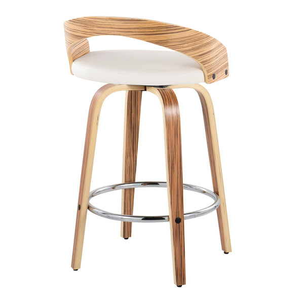 English Elm Grotto Mid-Century 26" Counter Stools Set of 2 — White Faux Leather Swivel Seats, Zebra Wood Legs, Chrome Footrest B202S00321