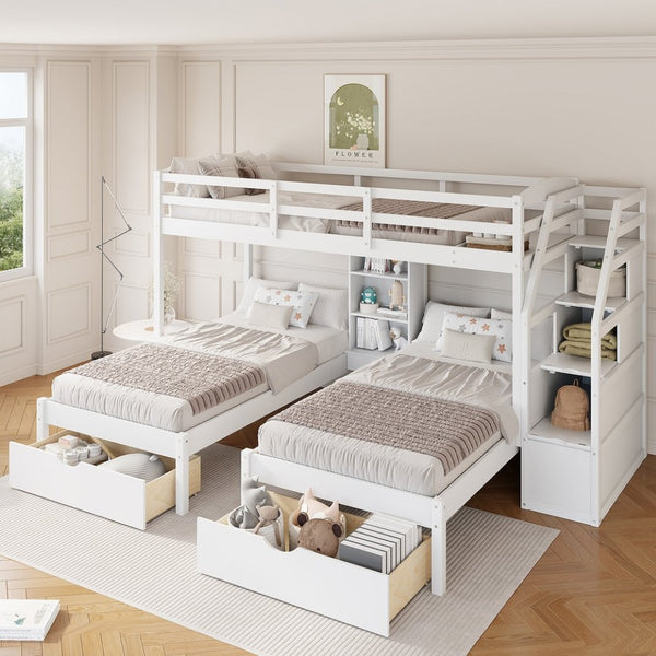 English Elm Twin Triple Bunk Bed White Pine Frame with Staircase Storage Drawers and Built Shelves GX000324AAK-1