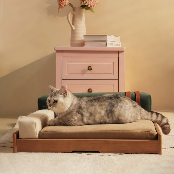 English Elm Modern Oak Veneer Pet Bed with Chenille Upholstery and Orthopedic Foam Cushion Wood W3136P445673