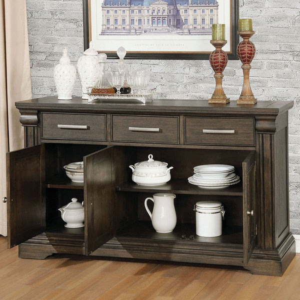 English Elm Contemporary Rustic Server with Solid Wood Accents, Molded Details and Functional Storage Drawers for Dining Room Furniture Espresso,Warm Grey 63 L x 22 W x 41 H B2741P309204