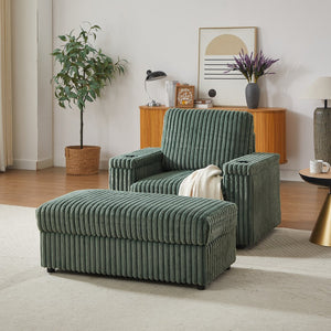 English Elm 42.5-inch corduroy single recliner with cup holder, storage ottoman, plush back pillow for lounging Green W834P375120