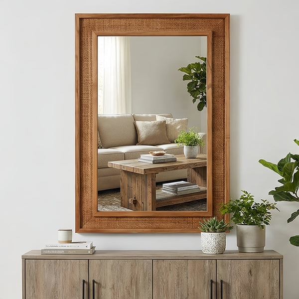 English Elm Natural Rattan Wrapped Solid Wood Rectangular Mirror Handcrafted Farmhouse Bathroom Entryway Yellowish-Brown W2203P436619