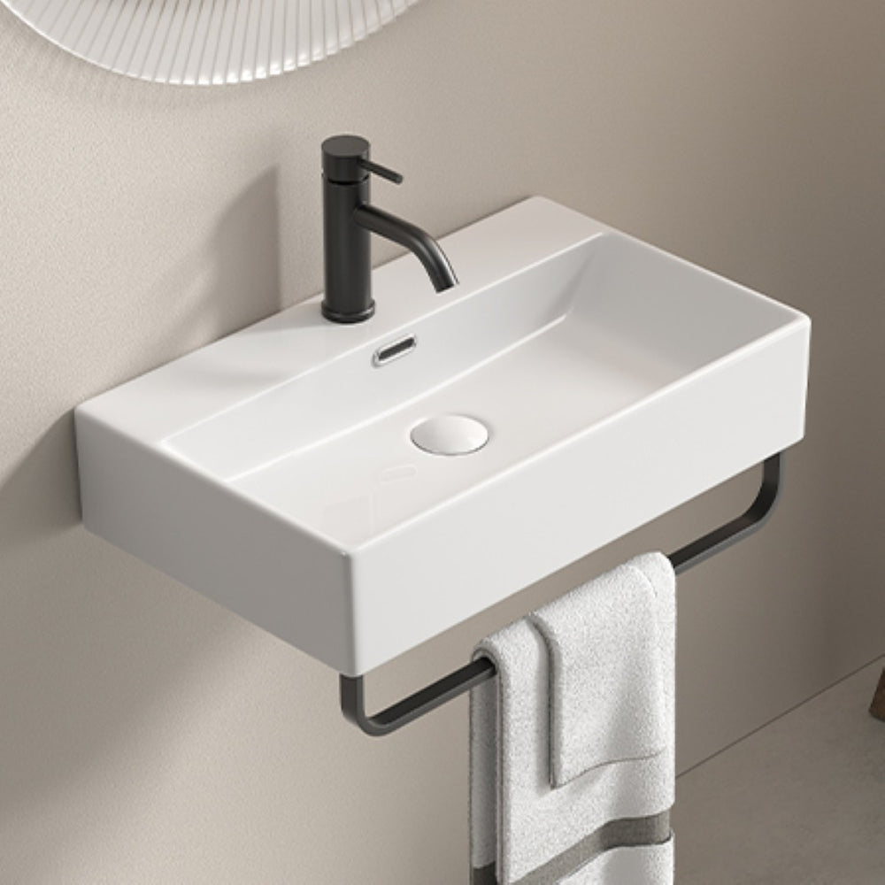 English Elm White Ceramic Wall Mount Bathroom Sink with Integrated Towel Bar for Modern Baths W3402P362446