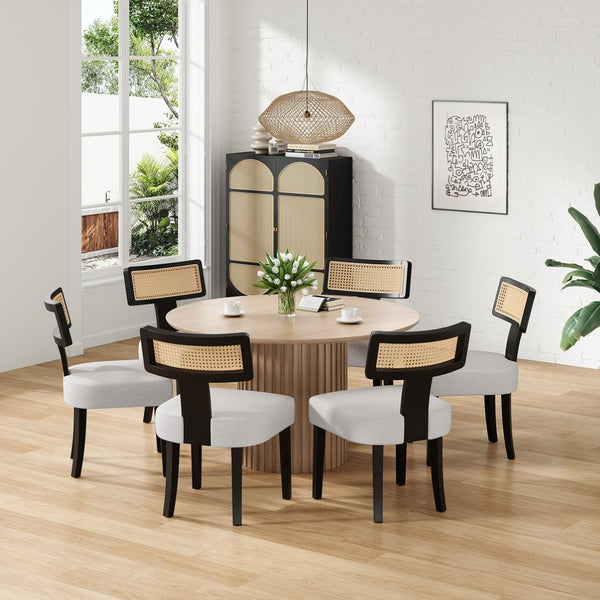 English Elm Upholstered Armless Dining Chairs with Rattan Back Hardwood Frame French Country Set of 2 Beige+Black T3623P411725