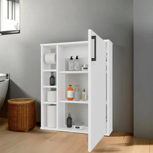 English Elm White Compact Bathroom Cabinet with Door and 4 Open Shelves, Sleek White Finish for Stylish Organized Storage B062P380057
