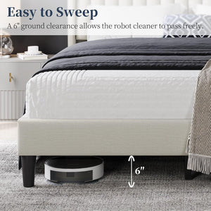 English Elm Full Size Beige Upholstered Platform Bed Tailored Headboard Wooden Slat Support W5239P452906