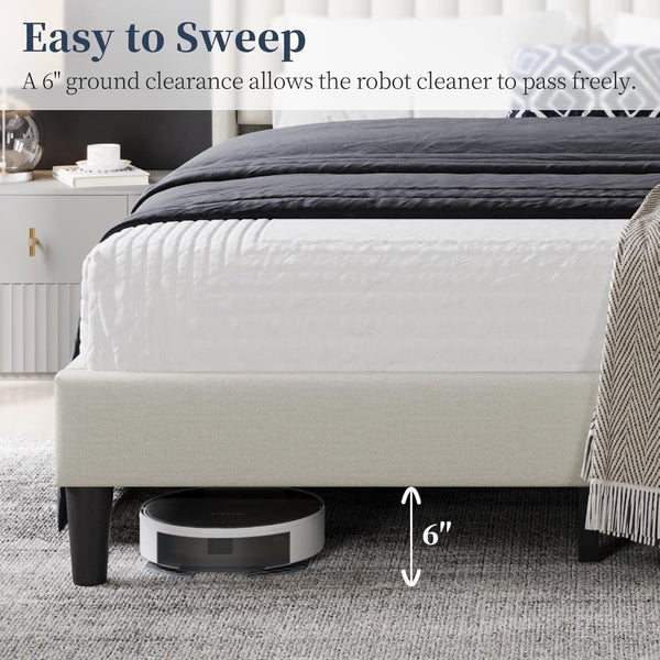 English Elm Queen Platform Bed with Tall Upholstered Headboard Neutral Beige Fabric Sturdy Frame W5239P451602
